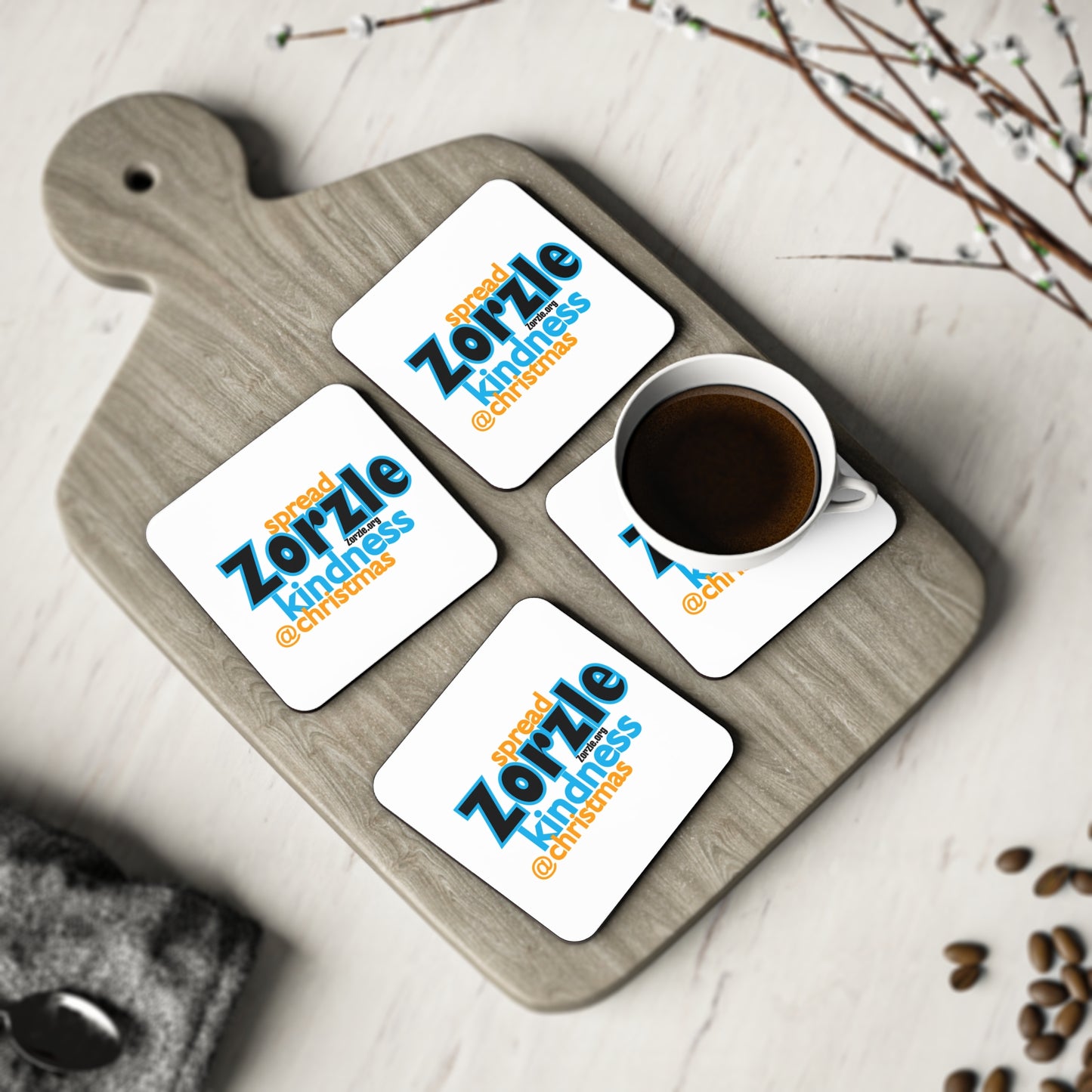 Coasters — "Spread Zorzle Kindness @ Christmas" Round Cork Drink Coaster