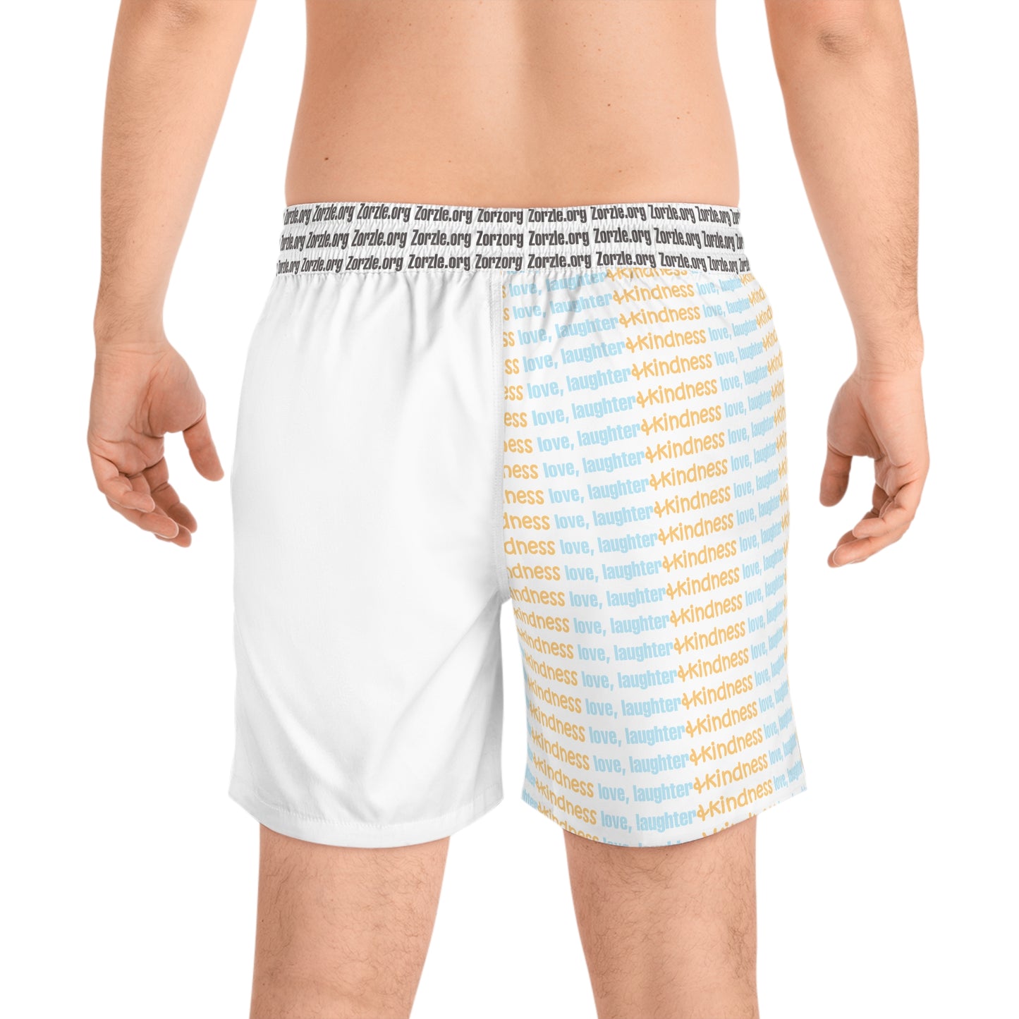Kindness Swim Shorts — "Love Laughter & Kindness" Men's Mid-Length Boardshorts