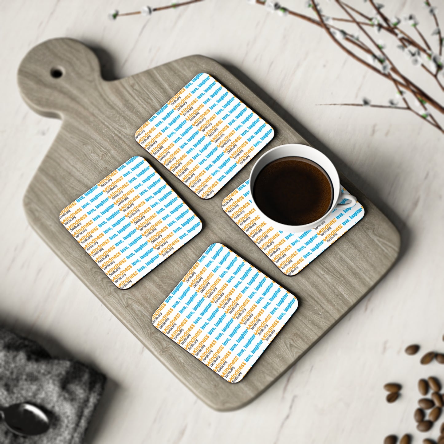 Coasters — Love, Laughter, Kindness Pattern Cork Drink Coasters