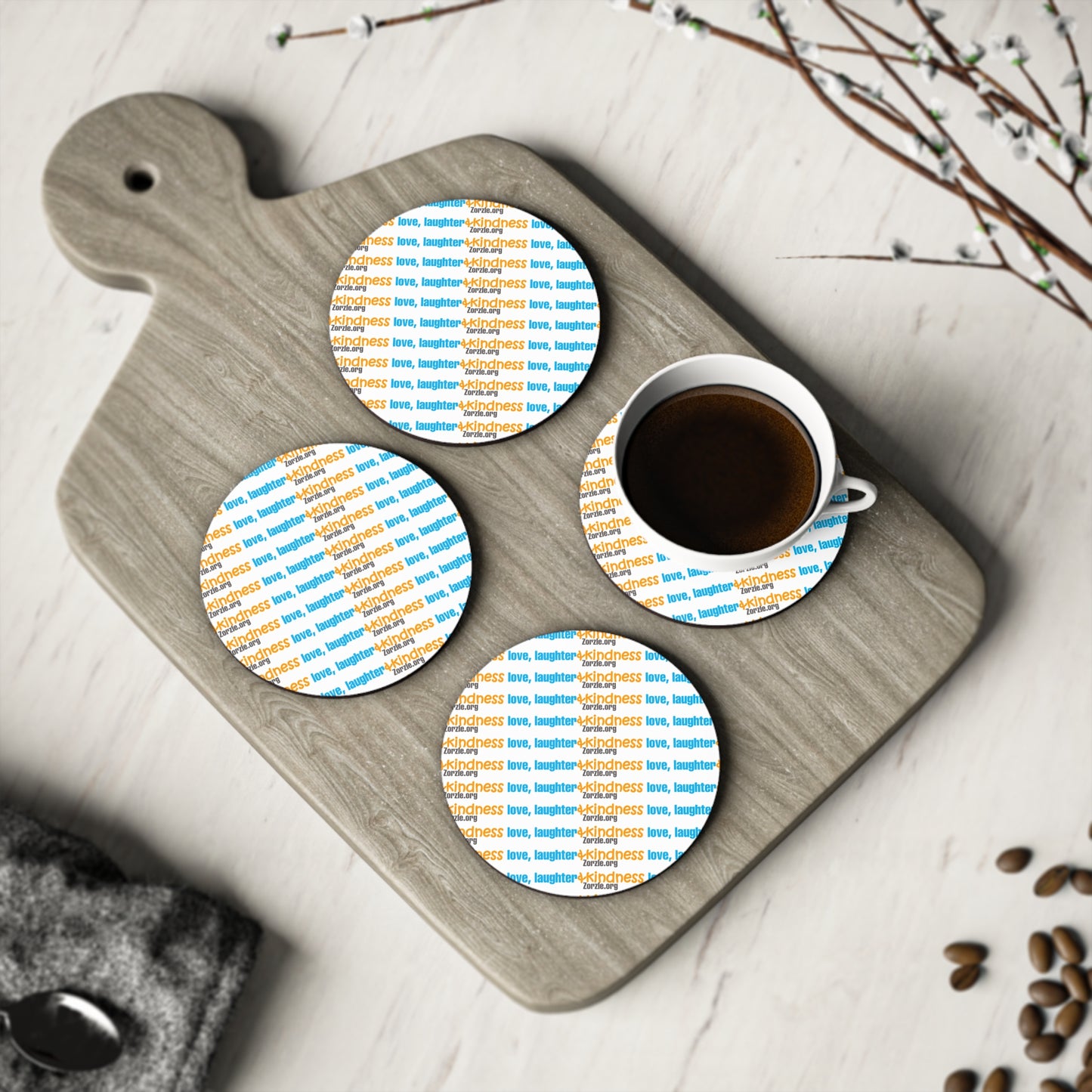 Coasters — Love, Laughter, Kindness Pattern Cork Drink Coasters