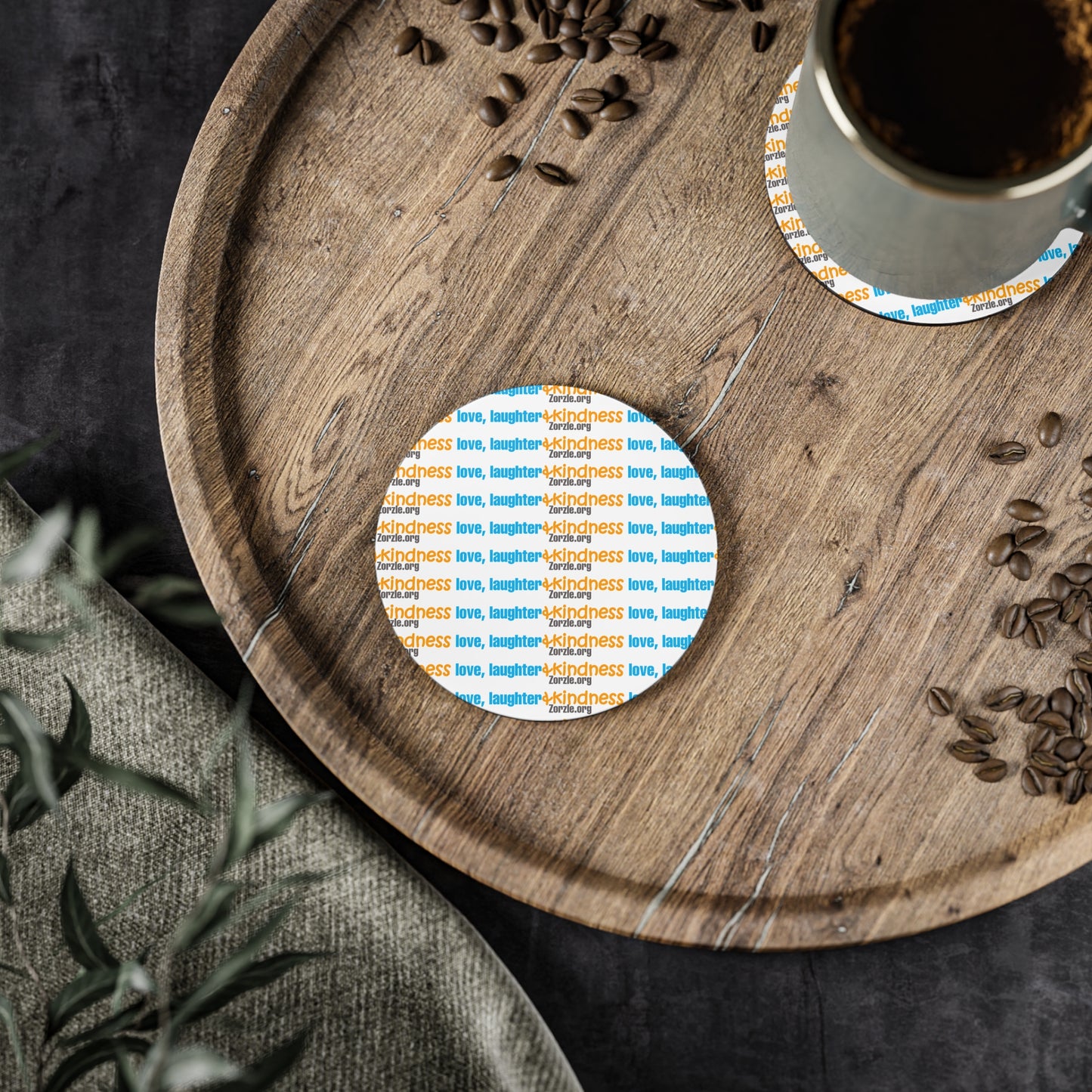Coasters — Love, Laughter, Kindness Pattern Cork Drink Coasters